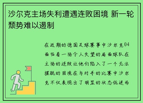 沙尔克主场失利遭遇连败困境 新一轮颓势难以遏制