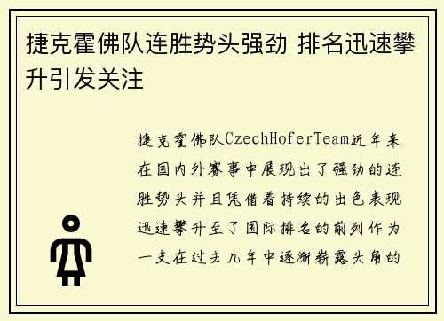 捷克霍佛队连胜势头强劲 排名迅速攀升引发关注