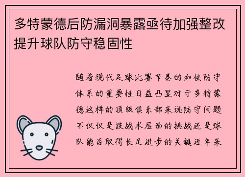 多特蒙德后防漏洞暴露亟待加强整改提升球队防守稳固性