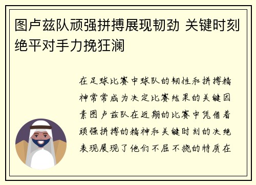 图卢兹队顽强拼搏展现韧劲 关键时刻绝平对手力挽狂澜