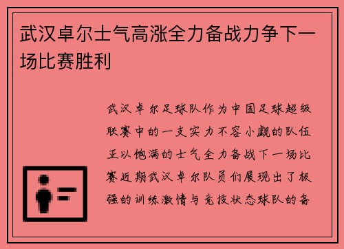 武汉卓尔士气高涨全力备战力争下一场比赛胜利