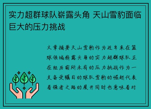 实力超群球队崭露头角 天山雪豹面临巨大的压力挑战