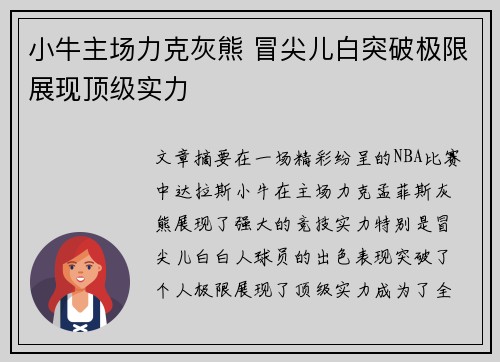 小牛主场力克灰熊 冒尖儿白突破极限展现顶级实力