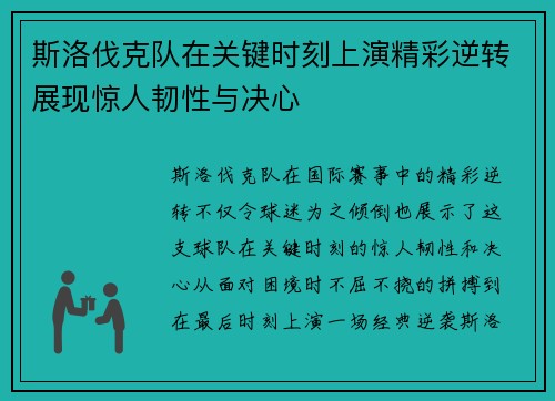 斯洛伐克队在关键时刻上演精彩逆转展现惊人韧性与决心