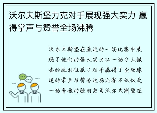 沃尔夫斯堡力克对手展现强大实力 赢得掌声与赞誉全场沸腾