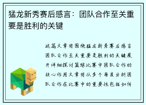 猛龙新秀赛后感言：团队合作至关重要是胜利的关键