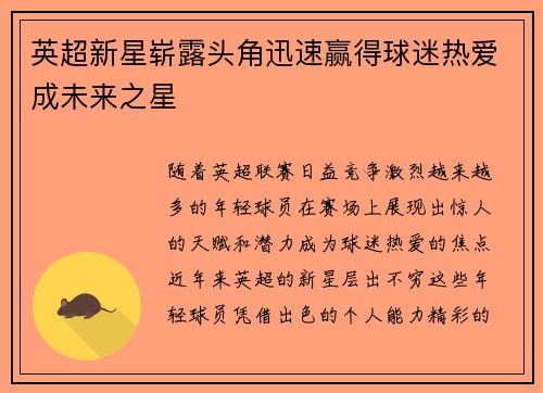 英超新星崭露头角迅速赢得球迷热爱成未来之星